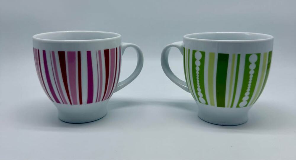 Set of 2 Striped Ceramic Target Coffee Mugs - Modern with 1970s Retro Vibe Cups
